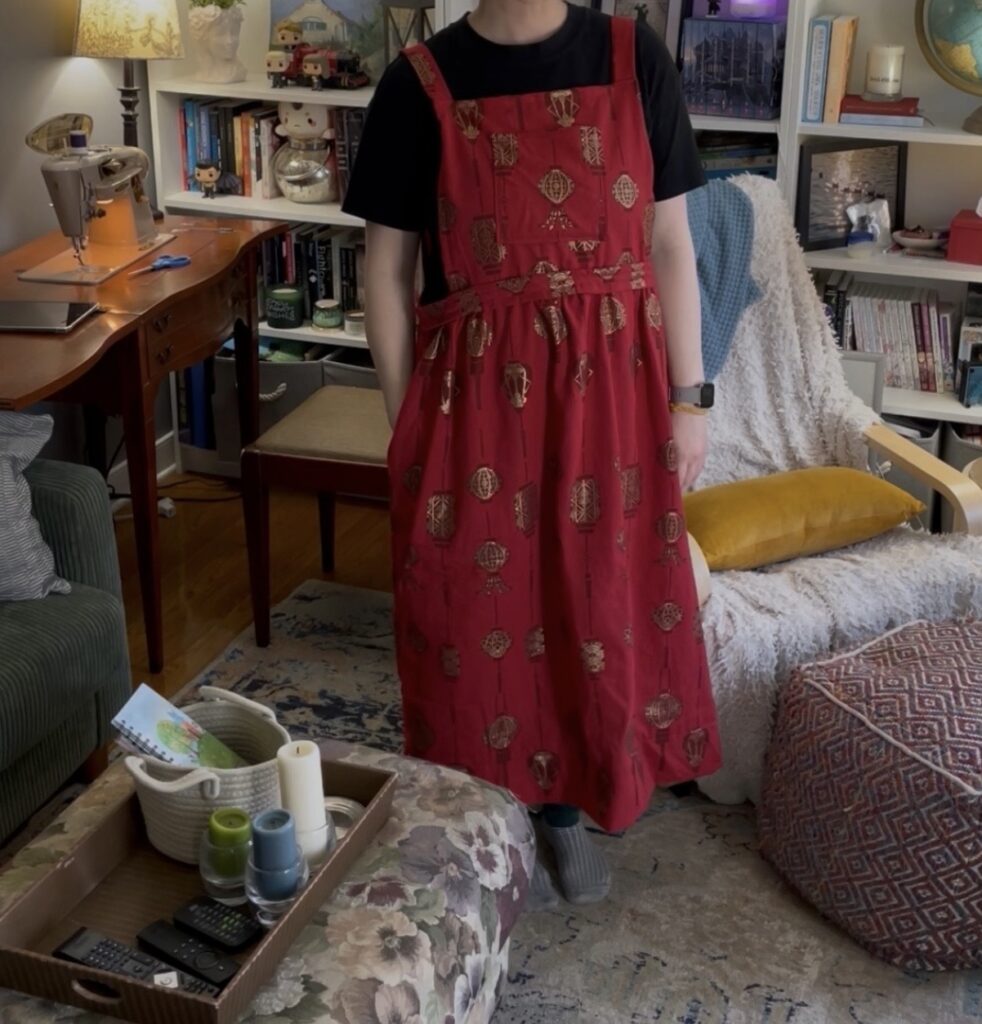 Overall style handmade red dress.