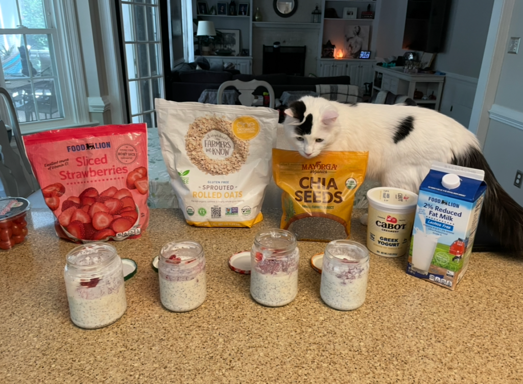 Ingredients for strawberry overnight oats, and prepared overnight oats on a kitchen counter with a fluffy cat