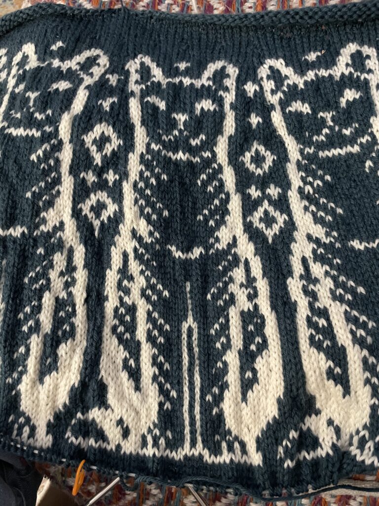 Blue knit top with white cats