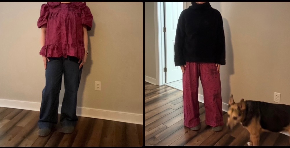 Blouse and pants I made/dyed this month. I'm wearing the blouse over jeans in the left image and the pants with a black sweater in the right image. Both blouse and pants are a fuschia shade.
