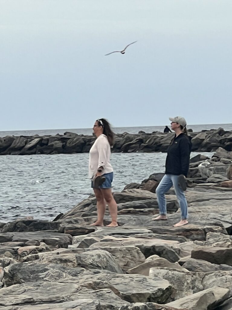two women standing on a jetty looking at the sea